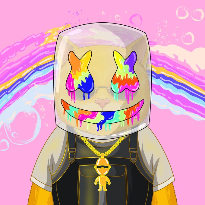 A whimsical illustration features a cat-like character with a glass jar over its head, rainbow-colored paint dripping from its eyes and mouth, wearing overalls and a gold chain with a small figurine pendant, set against a pastel pink background with rainbow swirls. The vibrant, paint-splattered aesthetic aligns with the post's description of unique, hand-crafted NFTs, specifically paying tribute to the colorful "good vibes" theme.