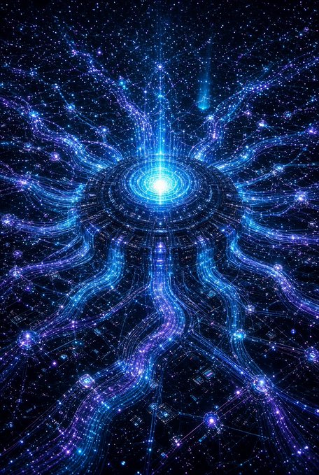 A digital artwork featuring a bright central orb with radiating blue and purple energy tendrils extending outward like cosmic circuitry against a starry black background.