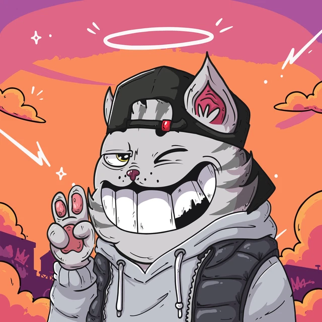 A cartoon illustration of a grinning grey cat wearing a black cap and hoodie with a white halo above its head, making a peace sign against a pink and orange sunset sky.