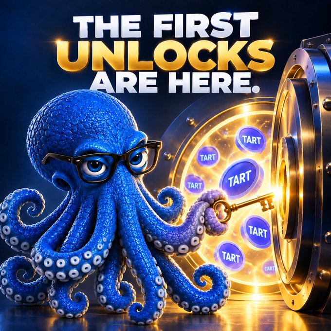 A promotional image features a blue cartoon octopus with glasses holding a key next to a golden vault containing 'TART' tokens, with the headline 'THE FIRST UNLOCKS ARE HERE.'