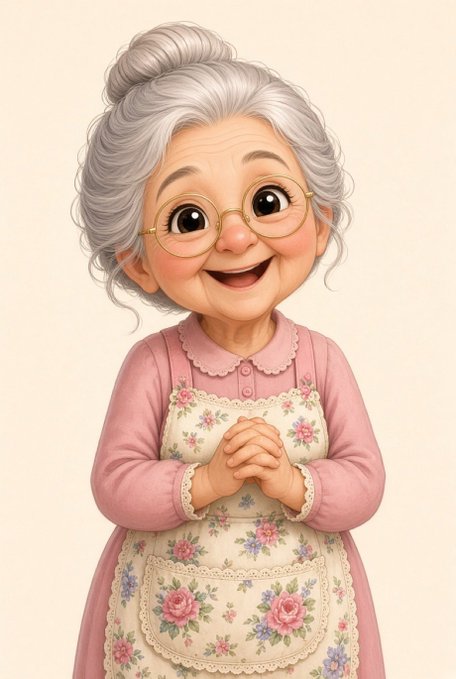 A cheerful, rosy-cheeked elderly woman with white hair styled in a bun, wearing a pink dress and a floral apron, clasps her hands together with a warm, hopeful smile. The grandmotherly figure evokes a sense of nurturing guidance and patience, fitting the post's theme of keeping "$MA" on the radar as an early-stage project being carefully watched over.