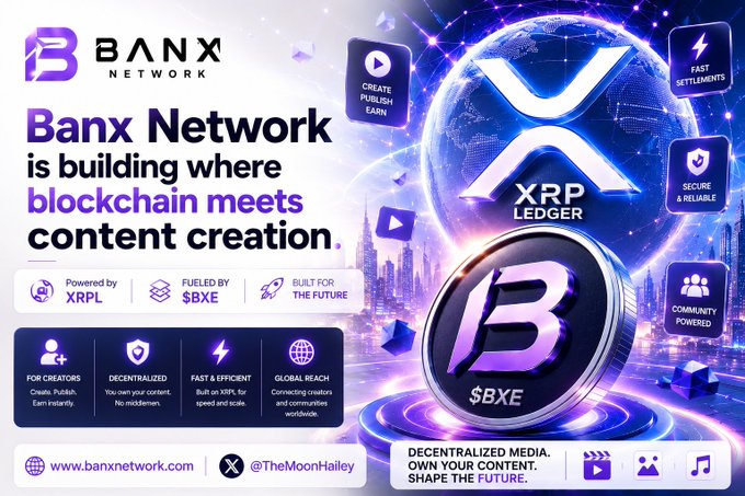 The image features a poster for Banx Network, which is a company that focuses on blockchain technology. The poster includes a blue globe surrounded by purple text, with the words "Banx Network" written above it. Below this, there are various icons related to content creation and XRP, such as a book icon and a coin icon. The image also contains a link to Banx Exchange, which is a cryptocurrency exchange platform.