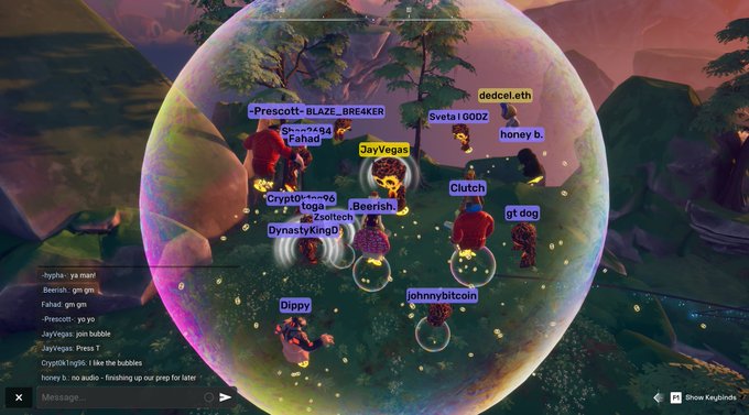 Screenshot of a multiplayer online game showing player characters with usernames like "JayVegas," "Clutch," and "CryptoTnk" inside a transparent bubble in a forest environment.
