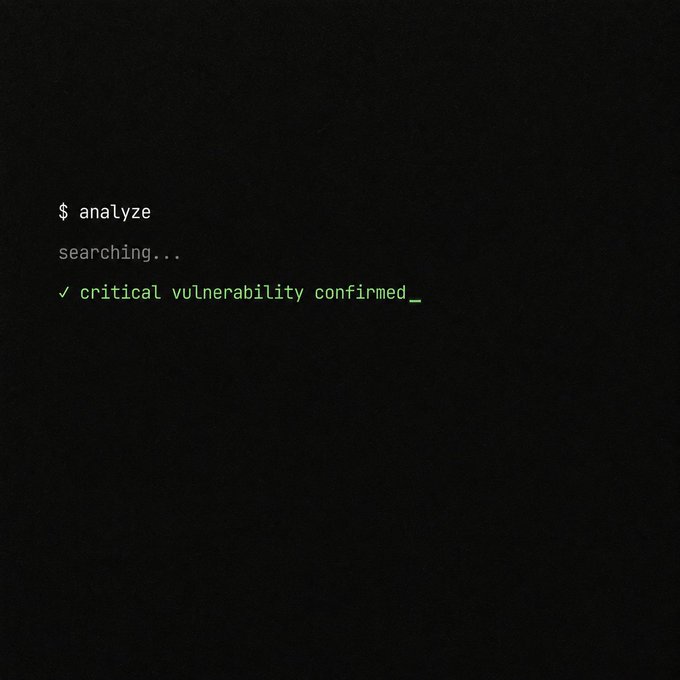 A dark terminal screen displaying the text '$ analyze', 'searching...', and '✓ critical vulnerability confirmed_' in green and white text.