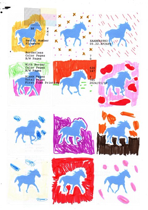 The image displays a 3x4 grid of 12 variations featuring a blue horse silhouette in different artistic backgrounds (colored borders, patterns, and scribbles), with text including "BK YMC Serial Number Firmware," "Borderless Colorless B/W Pages," "With Border Color Pages B/W Pages," "Blank Pages Total Pages First Time Printing," and metadata "XAAB%6983 05.22.XP26P8," "7 0," "626 147 12," "705 2024/01/10." This appears to be the genesis artwork from the "animals series" of NFT pieces by the artist (likely @horndogdothl), shared to thank a collector who acquired the "blue horse" piece on objkt.com.