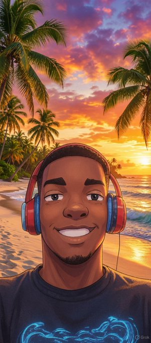 A cartoon-style portrait of a smiling young man wearing red and blue headphones and a black t-shirt with blue lightning designs, set against a tropical beach sunset with palm trees.