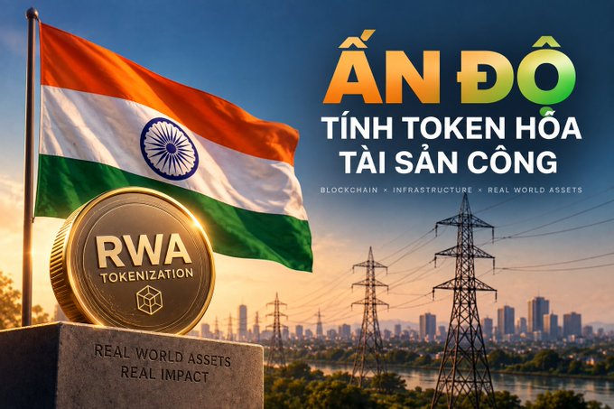 A promotional graphic in Vietnamese featuring the Indian flag, a gold coin labeled 'RWA TOKENIZATION' with 'REAL WORLD ASSETS, REAL IMPACT', and text reading 'ẤN ĐỘ TÍNH TOKEN HÓA TÀI SẢN CÔNG' alongside power lines and a cityscape.