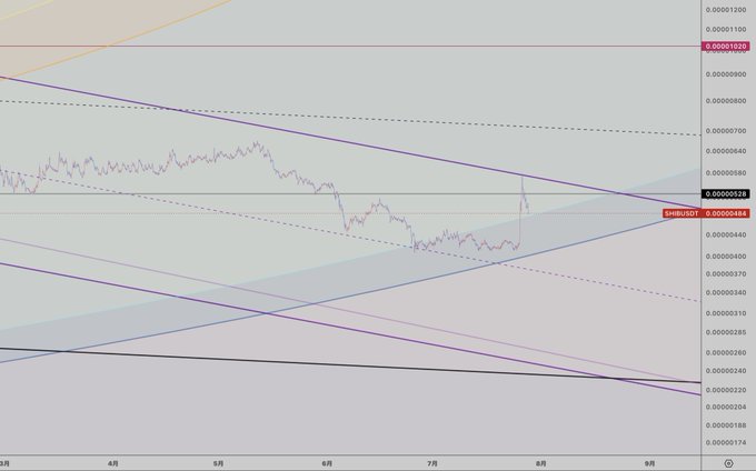 A daily SHIB/USD candlestick chart showing Shiba Coin's price action bouncing off the upper purple parallel channel, with current price at 0.00000448 and a light blue arc intersecting the channel resistance near 0.00000523. The chart displays multiple descending purple trendlines and a dashed parallel channel against a pastel-colored background, illustrating the technical setup referenced in the post.