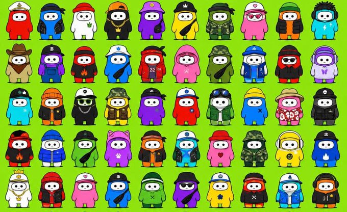 A colorful grid of cartoon character icons featuring diverse figures in various hoodies, hats, and outfits against a bright green background, appearing to be NFT-style collectibles.
