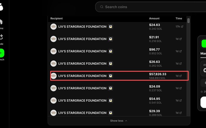 A cryptocurrency transaction history showing multiple transfers to 'LIV'S STARGRACE FOUNDATION', with one transaction of $57,826.33 highlighted in a red box.