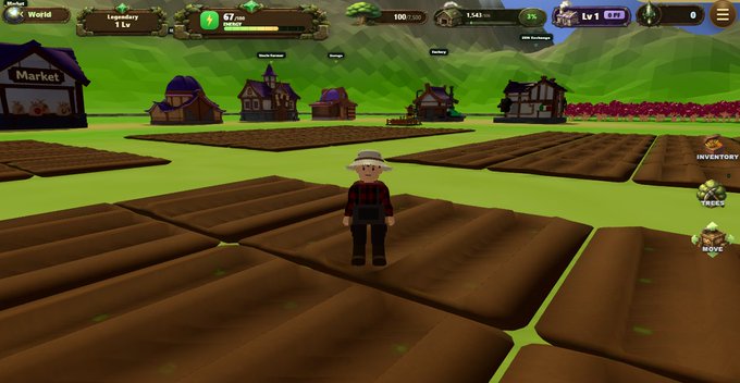 The image features a man standing in front of a large screen displaying a farming scene, with several buildings and houses scattered throughout the area. The man appears to be wearing a cowboy hat and holding a rifle, suggesting that he might be a farmer or rancher. The caption on the image reads "I'M officially a farmer on @base Found this chill farming game called @GreenWorldBase Oh and fishing update will be dropping soon".