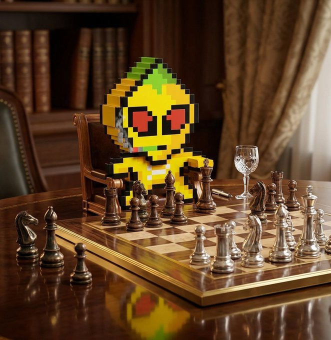 A pixel-art figure resembling a character with a yellow outfit and red heart-shaped eyes sitting at an ornate chessboard with metallic pieces, set in an elegant room with bookshelves and curtains.