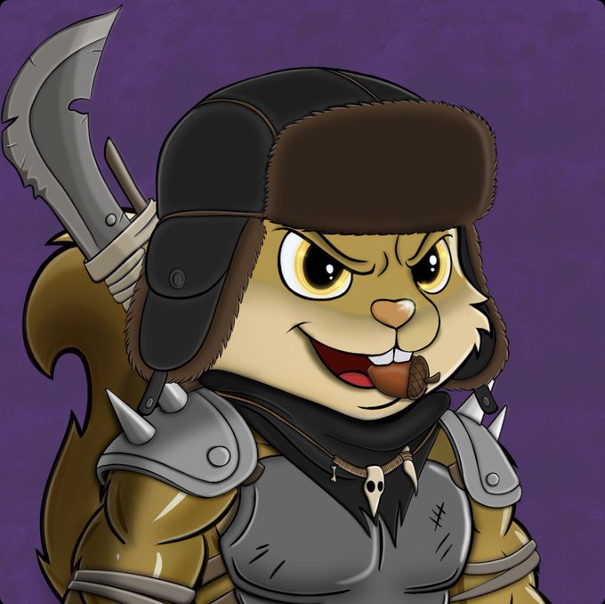 A digital illustration of a fierce, anthropomorphic squirrel or chipmunk warrior wearing a brown ushanka hat, spiked armor, and a skull necklace, with a serrated blade slung over its shoulder against a purple background.