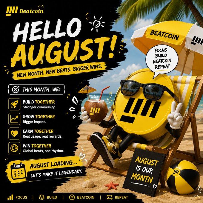 A 'Beatcoin' promotional graphic titled 'HELLO AUGUST!' featuring a yellow coin mascot wearing sunglasses on a beach chair, with agenda items to build, grow, earn, and win together.