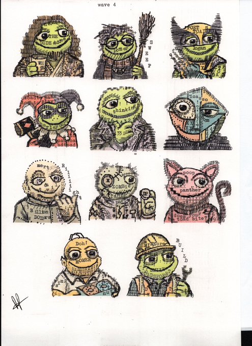 A sketchbook page titled 'wave 4' featuring 10 small, quirky cartoon character portraits made from collage-like text fragments, including ones labeled 'island dog', 'straw', 'robot', 'mask', 'vinking', 'steampunk', 'Bella Noir', 'zombie', 'panther', 'Doh! Sloth', and 'Dipstick'.