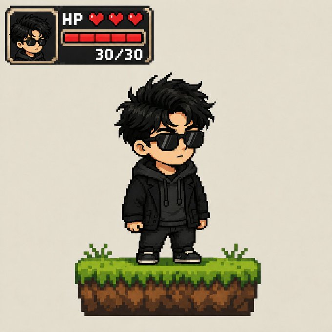 A pixel-art style illustration of a cool young man with messy black hair and sunglasses wearing a black jacket, standing on a grass platform with an HP bar showing 30/30 health and three heart icons.