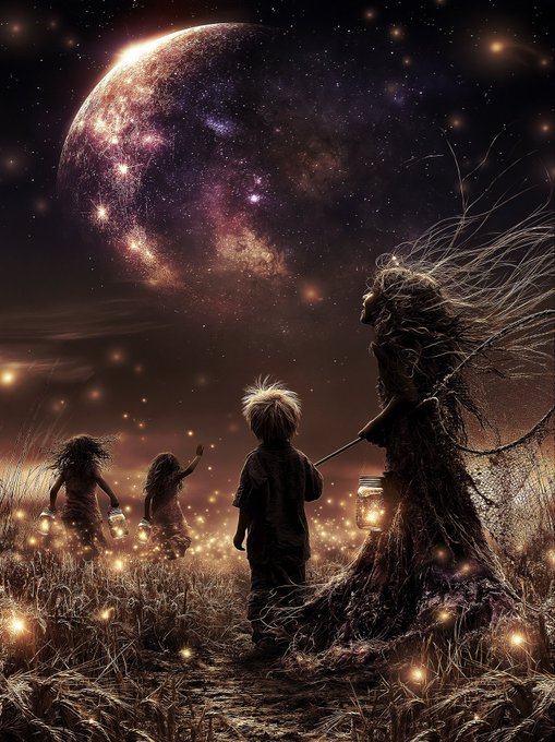 A group of children and a tall, flowing-haired figure gather in a field of glowing fireflies beneath a massive, luminous moon, gazing up at the starry cosmos. The scene's warm golden lights and sense of childlike wonder perfectly embody the post's theme of "Fireflies of Innocence," capturing a magical moment of discovery and shared awe.