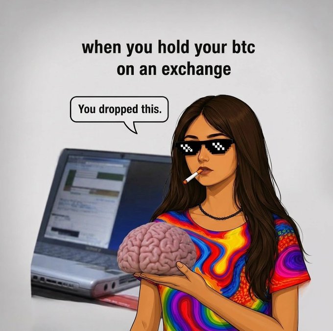 A meme illustration of a woman in a tie-dye shirt and 'deal with it' sunglasses holding a brain, with text 'when you hold your btc on an exchange' and a speech bubble saying 'You dropped this.'