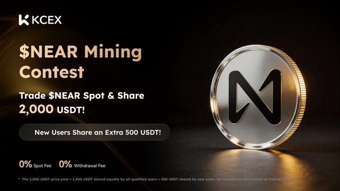 A promotional banner for KCEX advertising a '$NEAR Mining Contest' where users can trade $NEAR Spot & Share 2,000 USDT, with an extra 500 USDT for new users.