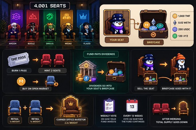 An infographic explaining a tokenized investment platform featuring cartoon dog characters in suits (Argon, Bogle, Smaug, Midas, Vladd) with 4,001 seats. It details mechanics like TMF PASS, dividends in a briefcase, weight-based merging, and weekly votes with specific token amounts (1.000 TMF, 0.02 WETH, 250 USDC, 120 XYZ).