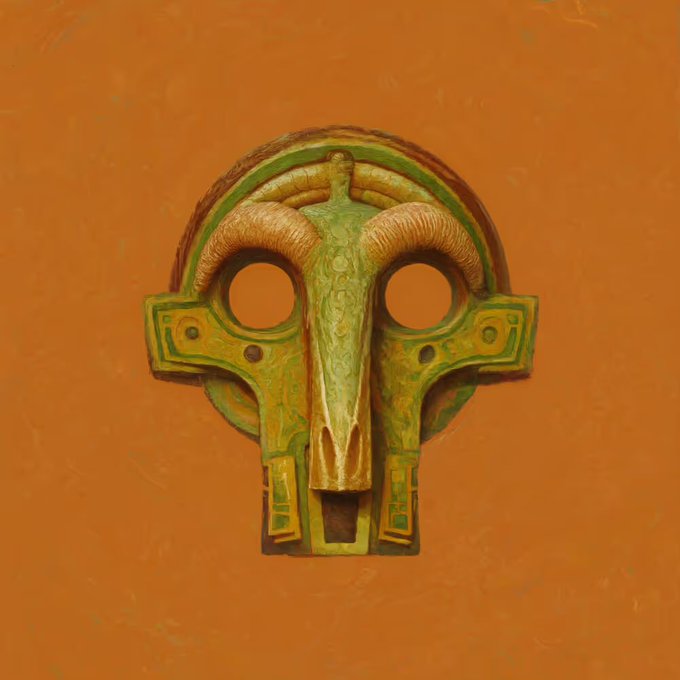 An ornate decorative ram or ram-like sculpture with large curved horns in green and gold tones, mounted on an orange wall.