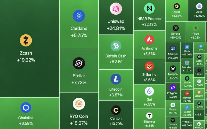 A crypto market heatmap shows widespread gains across major assets, with Uniswap leading at +24.81%, followed by NEAR Protocol (+22.13%) and Zcash (+19.22%), while only a few tokens like Avalanche-derived entries show modest declines of around -7.1%. The overwhelmingly green color palette visually reinforces the celebratory "we're so back" sentiment, capturing a broad market recovery with nearly every major coin—Bitcoin Cash (+8.31%), Cardano (+5.75%), Stellar (+7.73%), and Dogecoin neighbor Shiba Inu (+8.68%)—posting solid positive returns.