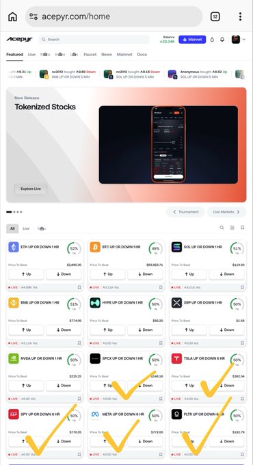 A screenshot of the acepyr.com homepage features a 'Tokenized Stocks' banner and a grid of cryptocurrency tokens including ETH, BTC, SOL, BNB, XRP, DOGE, WLD, PUMP, TRUMP, SUI, and PEPE, all showing 'Down' movements with yellow checkmarks drawn on them.