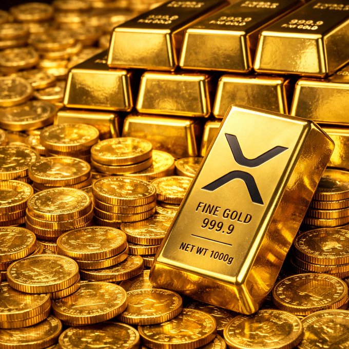 A gold bar labeled "FINE GOLD 999.9 NET WT 1000g" sits prominently atop stacks of gold coins and additional gold bars, visually representing the milestone of tokenized gold surpassing $1 million in trading volume on the XRP Ledger. The image's display of tangible precious wealth symbolizes the growing adoption and value of digital gold assets within the XRP ecosystem.