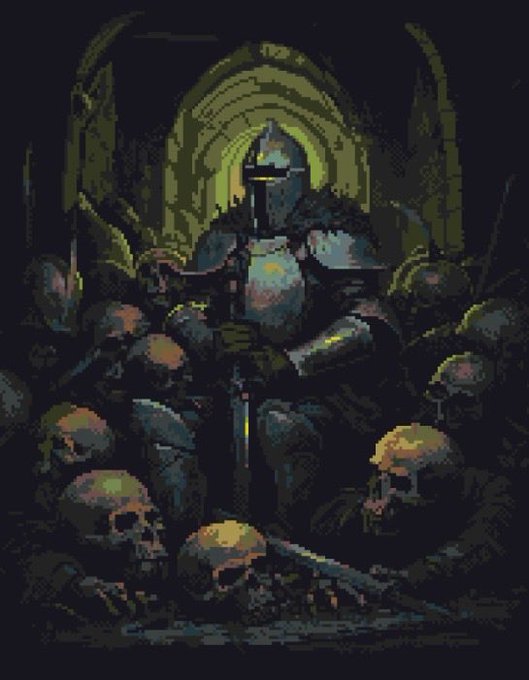 Pixel art of a knight in armor sitting among skulls in a dark, archway-lit setting.