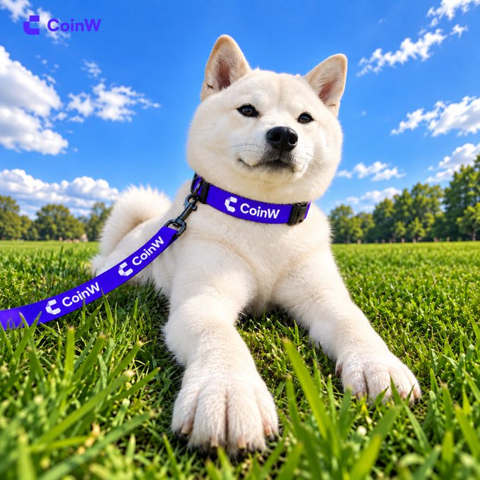 A white Shiba Inu puppy lies on green grass wearing a purple collar and leash branded with 'CoinW' logos.