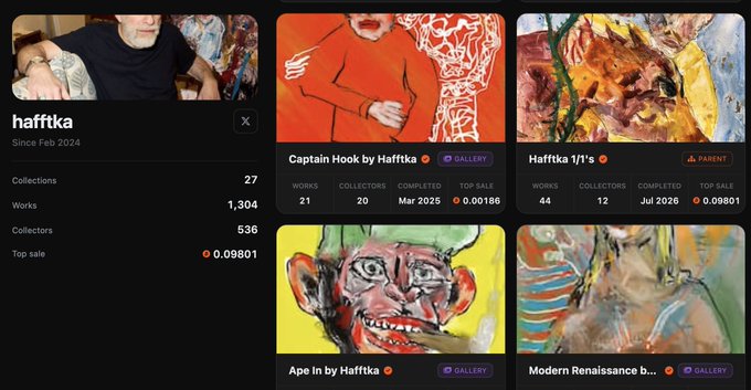 A screenshot of an NFT marketplace profile for 'hafttka' showing statistics like 27 Collections, 1,304 Works, and 536 Collectors, alongside gallery previews of artworks including 'Captain Hook by Hafttka' and 'Ape In by Hafttka'.
