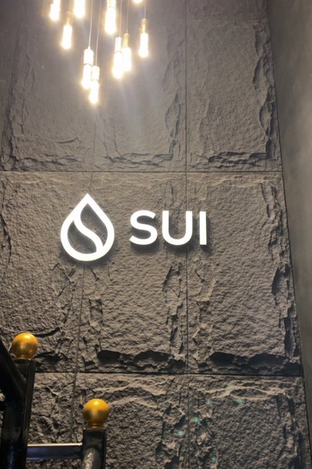 A textured stone wall featuring an illuminated 'SUI' logo with a water drop symbol, lit by hanging Edison bulbs.