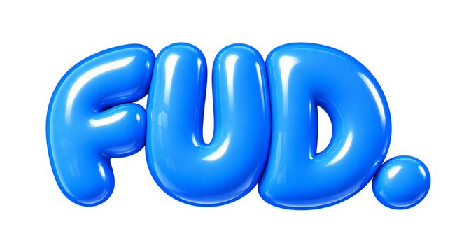 A glossy, 3D bubble-style rendering of the word 'FUD.' in bright blue text with a period at the end.