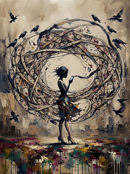 An artistic painting depicting a woman in a dress standing in front of a large swirling circular pattern filled with many faces and expressions, with black birds flying around, set against a cityscape background.