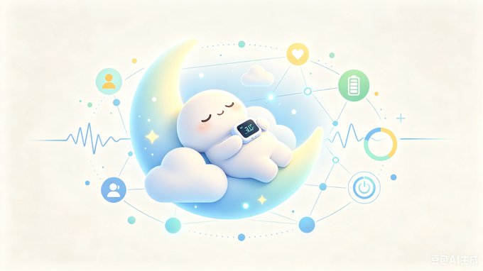 A whimsical illustration of a cute cloud character sleeping on a crescent moon while holding a small device, surrounded by health/tech icons including heart, battery, user, and pulse waves.
