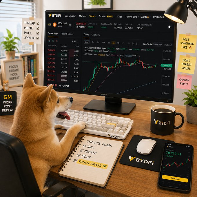 A humorous scene of a Shiba Inu dog sitting at a desk with cryptocurrency trading charts on the monitor and sticky notes reading 'GM WORK POST REPEAT' and 'TODAY'S PLAN: IDEA, CREATE, POST, TOUCH GRASS'.