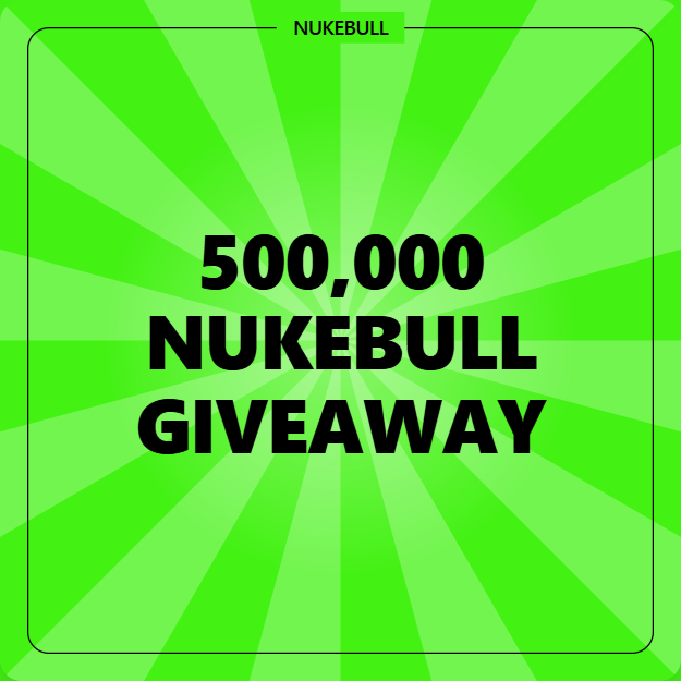 The image is a vibrant green promotional graphic with a sunburst background, featuring bold black text that reads "500,000 NUKEBULL GIVEAWAY" in the center and the "NUKEBULL" brand name at the top, directly advertising the $NUKEBULL airdrop mentioned in the accompanying post.