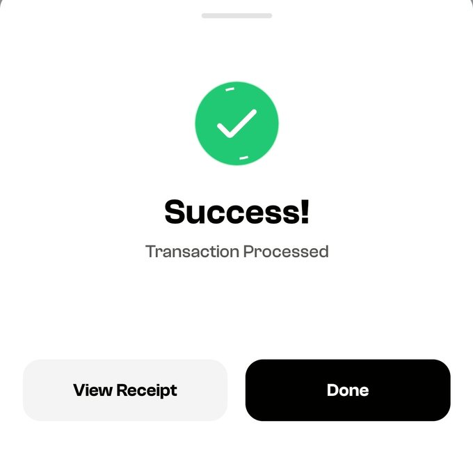 A mobile payment confirmation screen displays a green checkmark icon with the bold text "Success!" and "Transaction Processed" beneath it, along with "View Receipt" and "Done" buttons—visually confirming that a sent transaction has been successfully completed.