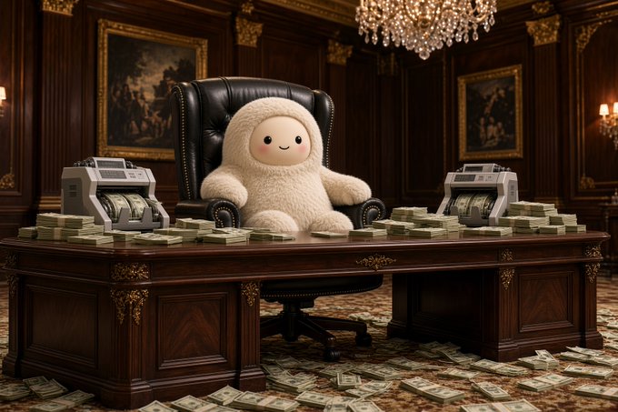 An AI-generated image of a cute white fuzzy mascot character sitting in a leather executive chair behind a large wooden desk piled with stacks of cash, flanked by money-counting machines in a lavish room with paintings and chandeliers.