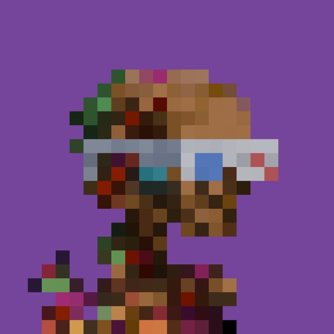 A pixel art character with green hair and futuristic blue visor sunglasses on a solid purple background, with a glitchy, low-resolution aesthetic.