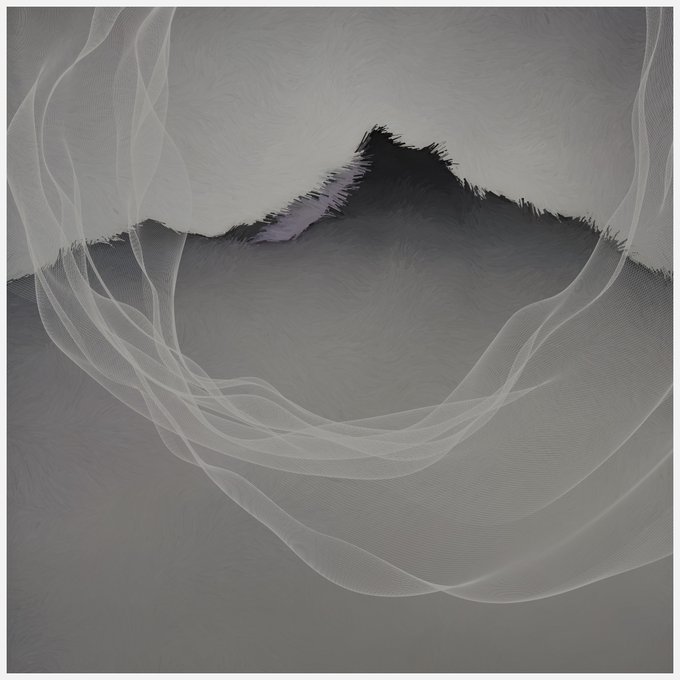 An abstract digital artwork featuring flowing, translucent white mesh-like fabric or ribbons creating wave-like patterns against a dark gray background.