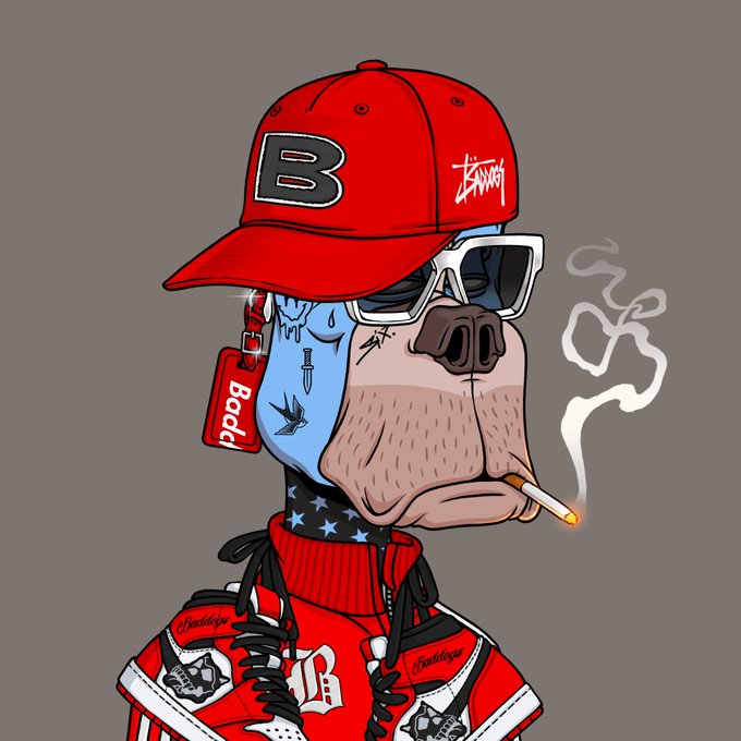 Digital illustration of a cartoon bulldog wearing a red cap with a 'B' logo, white sunglasses, a red jacket, and a 'Badd' tag, smoking a cigarette.