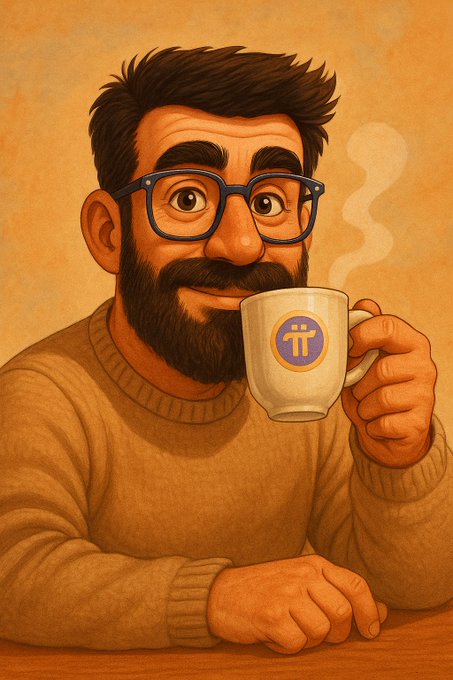 A cartoon-style illustration of a bearded man with glasses sipping coffee from a mug featuring the Pi Network logo (π), which relates to the post's discussion of Pi Network co-founder Nicolas Kokkalis and the project's path toward true decentralization.
