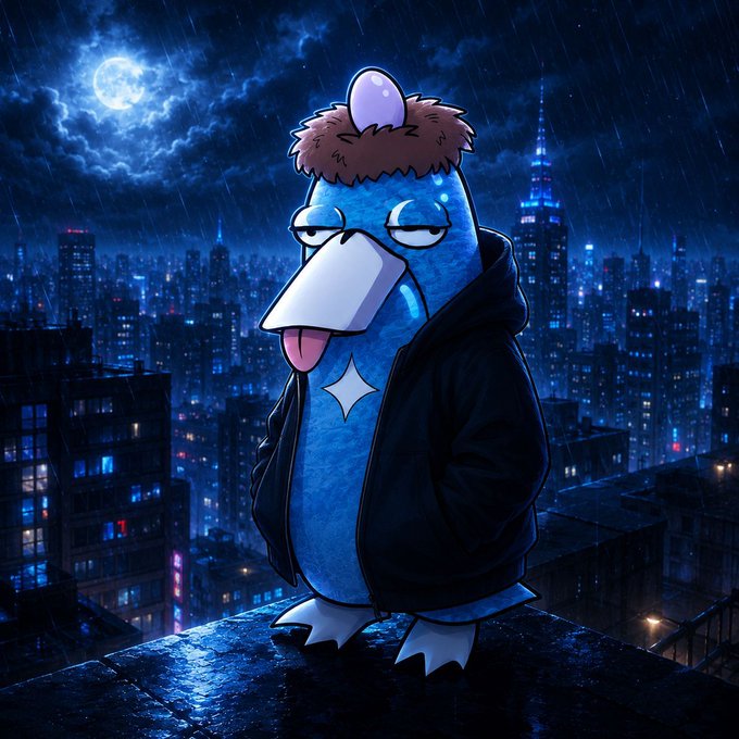 A cartoon-style illustration of a blue bird-like character with a brown feathered hat and black jacket stands on a rooftop at night, with a full moon, rain, and a city skyline including a tower resembling the Empire State Building in the background.