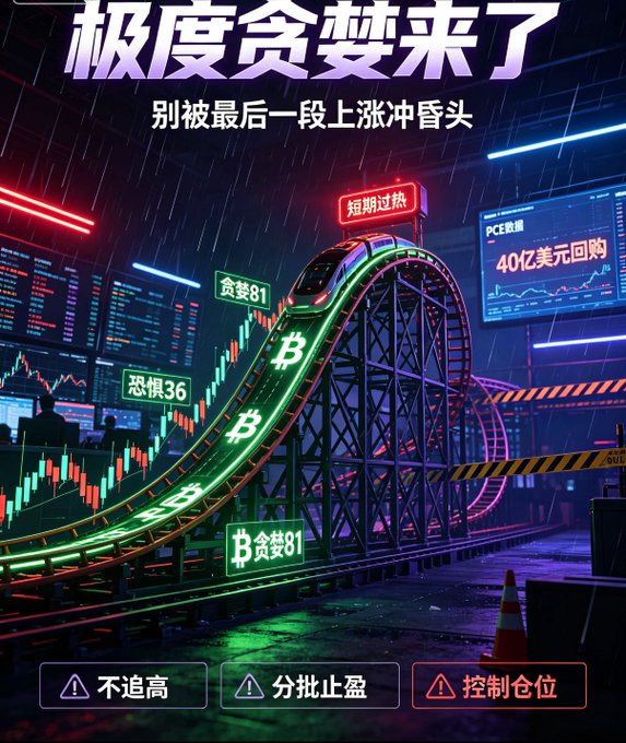 A dramatic poster warns "极度贪婪来了" (Extreme Greed Has Arrived) with "别被最后一段上涨冲昏头" (Don't Let the Last Rally Cloud Your Judgment), depicting a Bitcoin-themed roller coaster reaching its peak labeled "贪婪81" (Greed 81) alongside a "短期过热" (Short-term Overheating) sign, while highlighting the Fear & Greed Index rising from 36 to 81 in 30 days and a $4 billion U.S. Treasury bond repurchase as the rally driver. Three reminders at the bottom—"不追高" (Don't Chase Highs), "分批止盈" (Take Profits in Batches), and "控制仓位" (Control Position Size)—reinforce the cautionary message against buying into the heated crypto market.