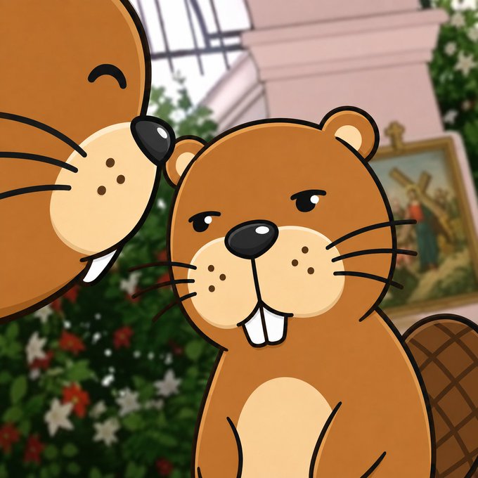 A cartoon beaver looks grumpy with crossed eyes and prominent front teeth while a happier beaver nuzzles it from the side, matching the post's playful defense of the round, chubby "Chonketha" beaver.