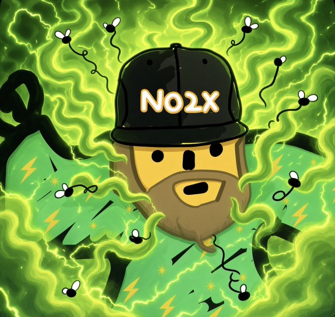 A cartoon bear wearing a black cap with "N0lx" written on it, surrounded by green electric energy and flying insects against a vibrant green background.