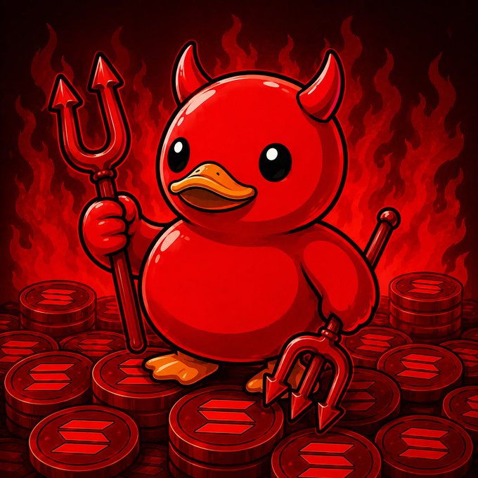 Cartoon illustration of a red devilish duck character with horns and a tail, holding a red pitchfork, standing on stacks of Solana (SOL) cryptocurrency coins against a fiery background.
