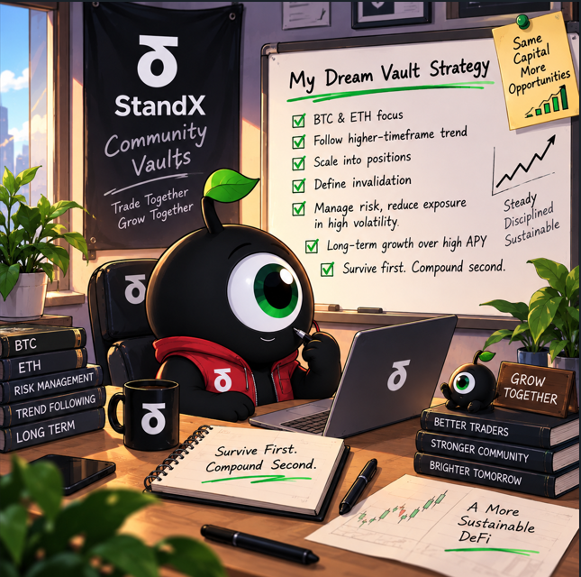 A cartoon black mascot with a green leaf and one large eye sits at a desk with a whiteboard titled 'My Dream Vault Strategy' for StandX Community Vaults, featuring checkmarked points like 'BTC & ETH focus', 'Survive first. Compound second.', and 'A More Sustainable DeFi'.