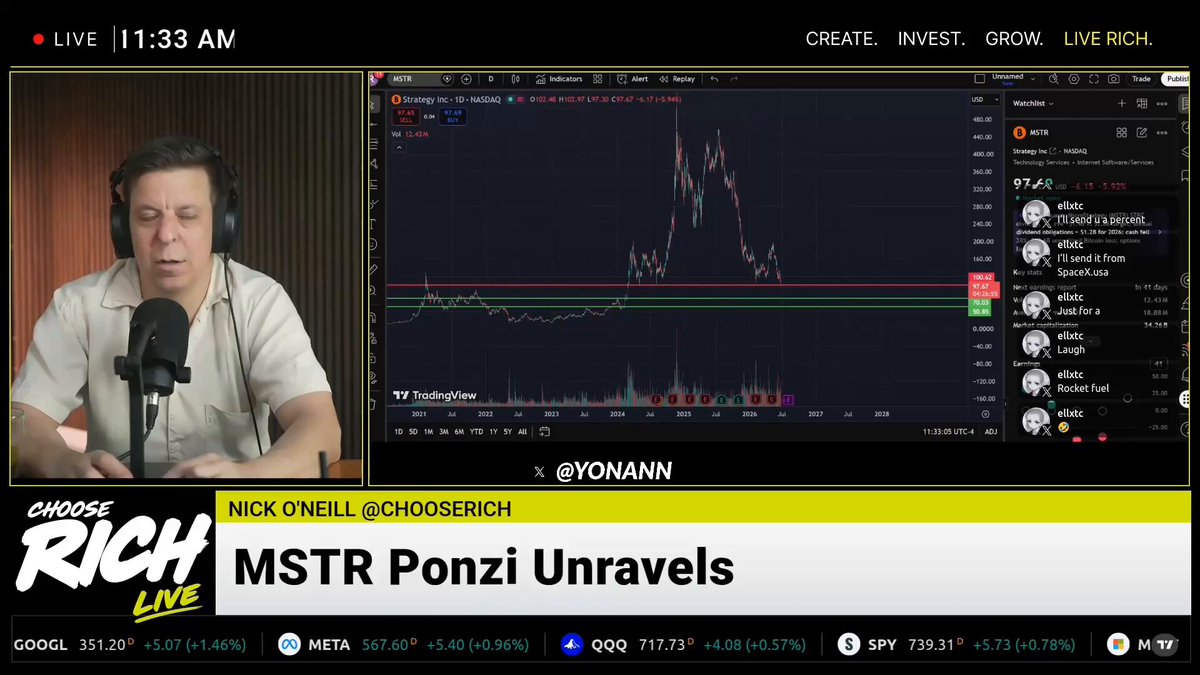 The image shows a news program or podcast screen with an overlay of stock market data, including bitcoin prices and trading volume, as well as quotes from people discussing the topic at hand. The primary message being conveyed by the host or speaker is that investors are begging Michael Saylor to stop buying Bitcoin because they think he's profiting off it. The discussion around this topic may involve various opinions on whether investing in Bitcoin can be a profitable venture and what other investment opportunities exist outside of Bitcoin.